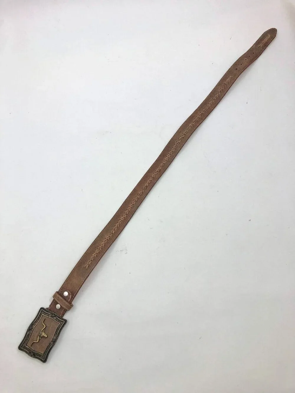 Western leather Belt Size 34 Tan w/Longhorn Buckle & Braided Accent Belt